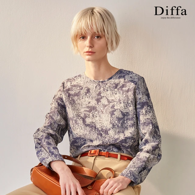 Diffa 復古藍白緹花貼袋設計上衣-女