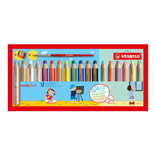 【STABILO】思筆樂 Woody 3合1多用途水彩粉蠟筆 18色附專用削筆器+筆 / 組 880/18-4