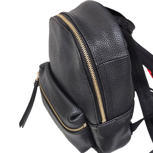 【MARC JACOBS】MJ專櫃款荔枝紋皮革印字LOGO前口袋設計雙拉鍊後背包(黑色/迷你款/贈原廠紙袋)