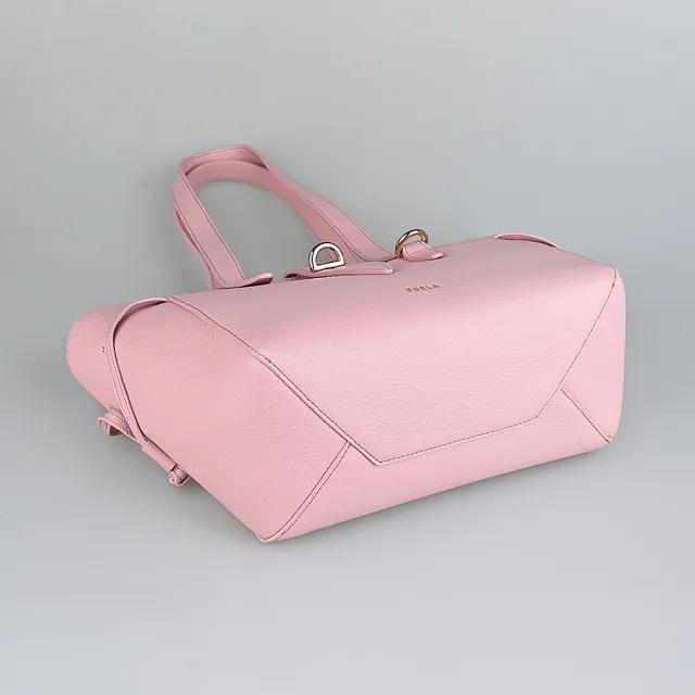 【FURLA 芙拉】FURLA NET燙金LOGO璇扣設計小牛皮拉鍊肩背托特包(寶寶粉)