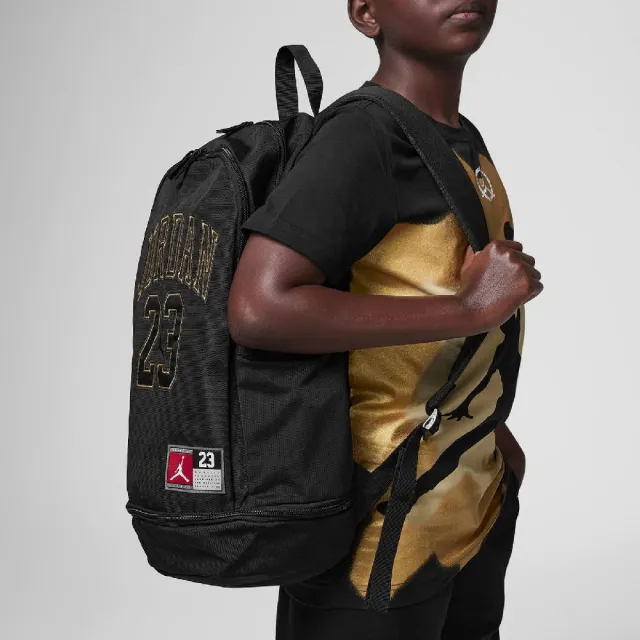 【NIKE 耐吉】後背包 Jordan Backpack 黑 金 15吋筆電包 雙肩背 水瓶側袋 多夾層 書包(JD2443007AD-001)