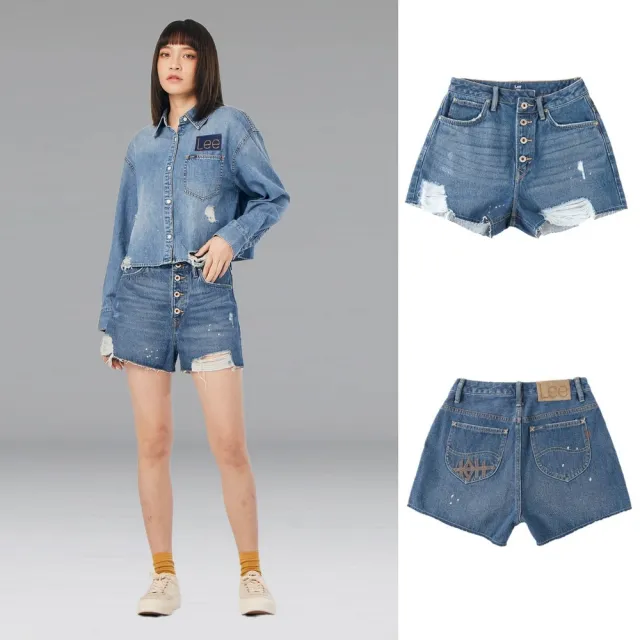 【Lee】出清品-女裝 牛仔短褲 / 高腰 排釦刷破 中藍洗水 / 101+ 系列(LL220149280)