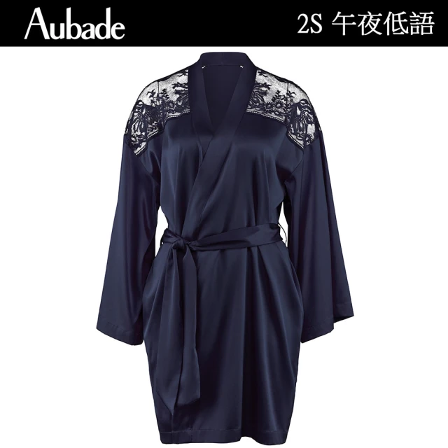 Aubade 午夜低語蠶絲長袖膝上外袍 蕾絲性感睡衣 女睡衣 法國進口居家服(2S-深藍)