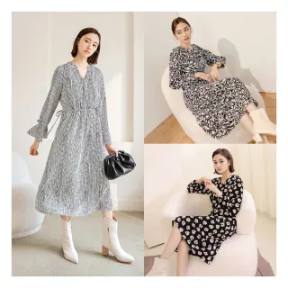 【OB 嚴選】柔美碎花長袖洋裝(V領/圓領/收腰/開衩/不易皺/大尺碼/小尺碼)