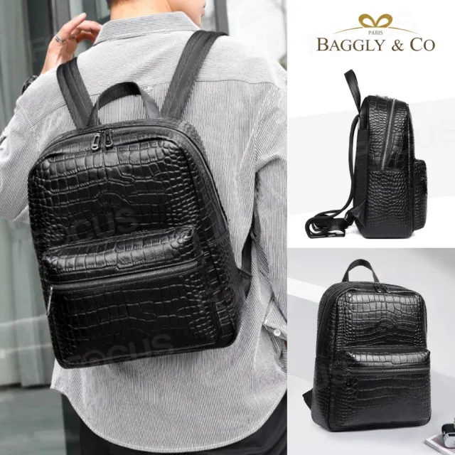 【BAGGLY&CO】真皮 史特拉鱷魚壓紋頭層牛皮男士後背包(真皮包包 防輕潑水包 商務包 頭層牛