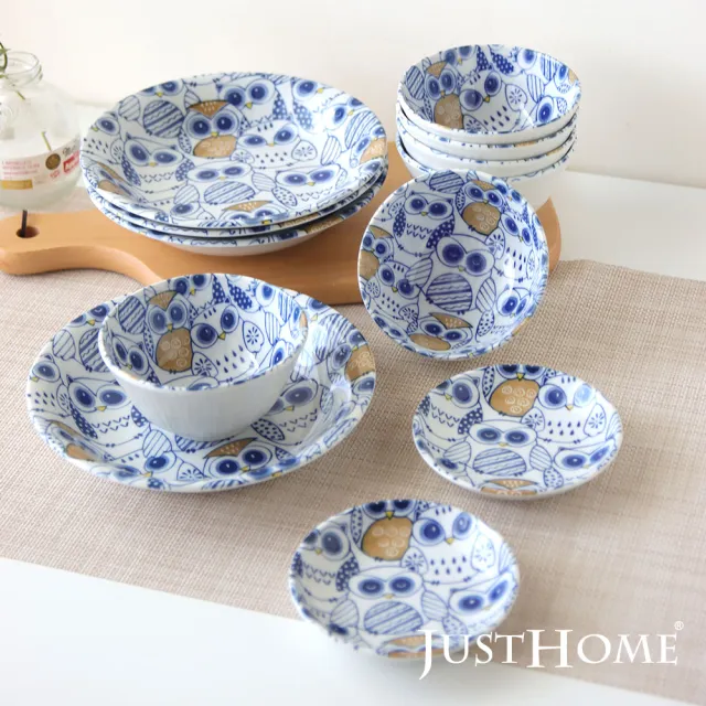Just Home】日本製貓頭鷹陶瓷12件碗盤餐具組(日本製碗盤湯盤餐具