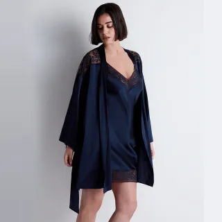 【Aubade】午夜低語蠶絲長袖膝上外袍  蕾絲性感睡衣 女睡衣 法國進口居家服(2S-深藍)
