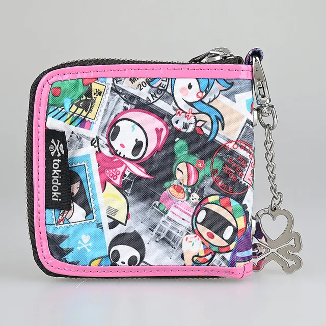 【TOKIDOKI】雙11 TOKIDOKI 粉紅LOGO卡通風格圖案尼龍拉鍊短夾(粉紅x彩)
