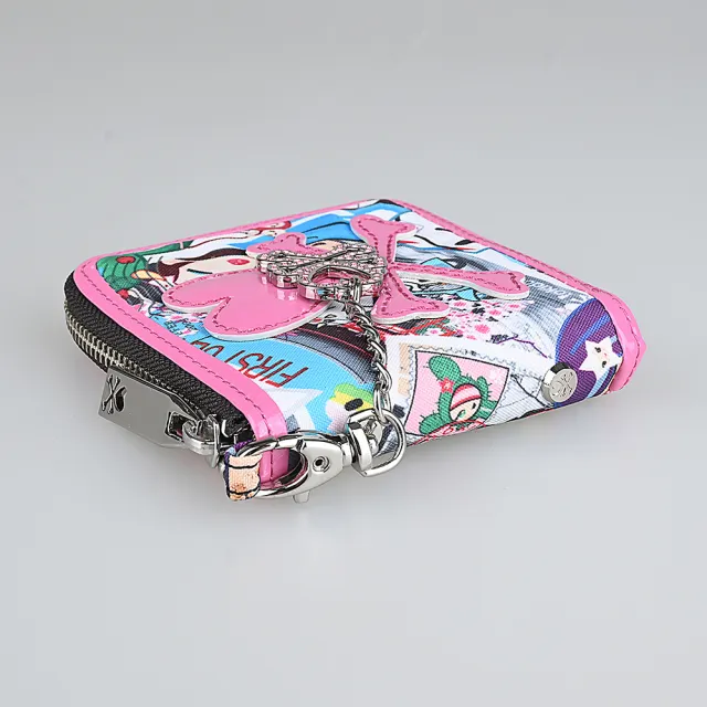 【TOKIDOKI】雙11 TOKIDOKI 粉紅LOGO卡通風格圖案尼龍拉鍊短夾(粉紅x彩)