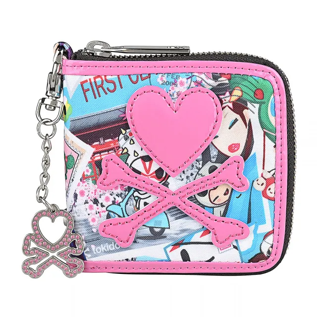 【TOKIDOKI】TOKIDOKI 粉紅LOGO卡通風格圖案尼龍拉鍊短夾(粉紅x彩)
