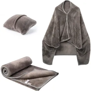 【Homeco】法蘭絨二合一折疊披肩毯靠枕 午睡午休暗釦毛毯 斗篷披風  空調毯(辦公室/居家/寢具/毯子)