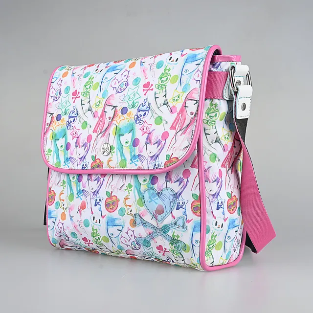 【TOKIDOKI】雙11 TOKIDOKI 透明藍LOGO日系暈染風格圖案尼龍吸釦式斜背包(彩x粉紅)