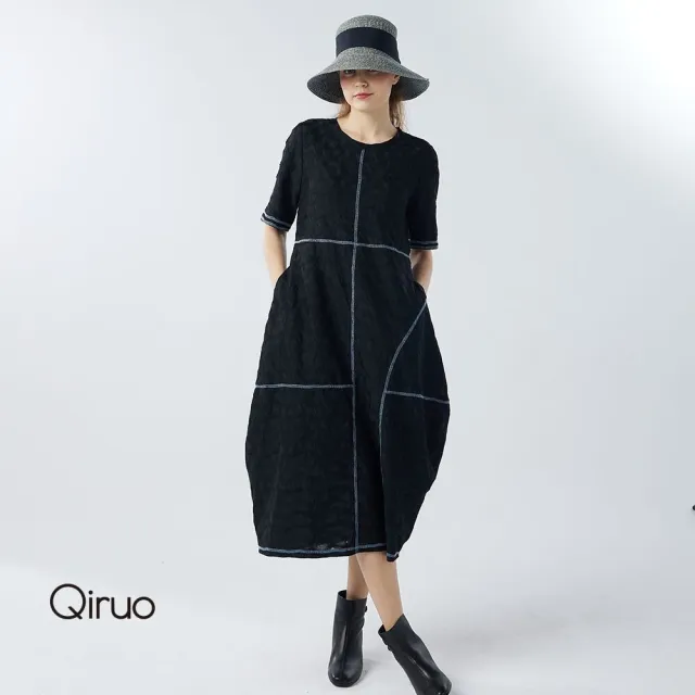 【Qiruo 奇若名品】特殊泡泡布料 拼接車縫黑色洋裝6003F 
