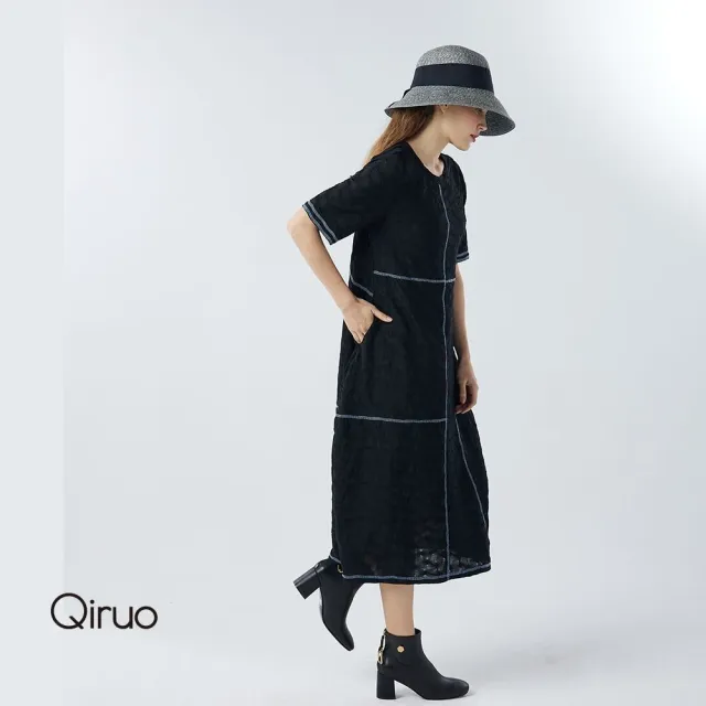 【Qiruo 奇若名品】特殊泡泡布料 拼接車縫黑色洋裝6003F 