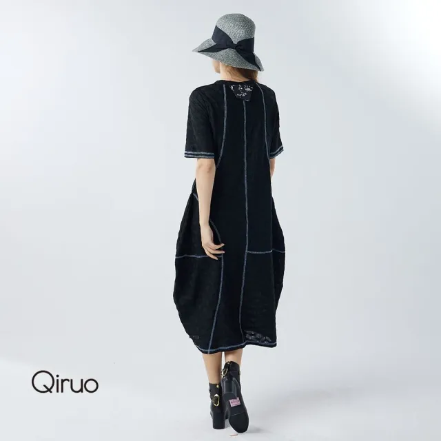【Qiruo 奇若名品】特殊泡泡布料 拼接車縫黑色洋裝6003F 