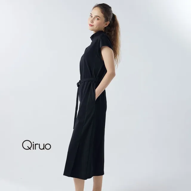 【Qiruo 奇若名品】厚棉質 小立領 小包袖黑色日系長版系腰帶洋裝 6004F 