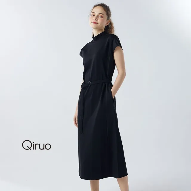 【Qiruo 奇若名品】厚棉質 小立領 小包袖黑色日系長版系腰帶洋裝 6004F