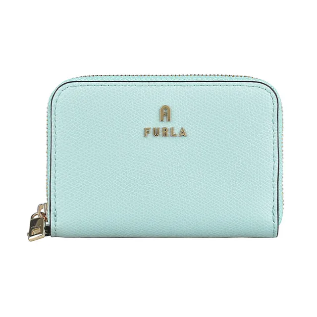 【FURLA 芙拉】FURLA Camelia拱門LOGO拉鍊2卡牛皮零錢包(薄荷藍x棉花糖白)