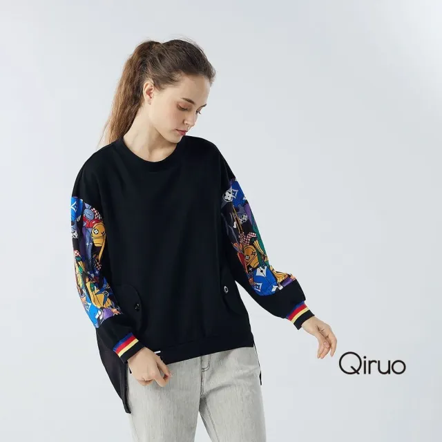【Qiruo 奇若名品】厚磅棉 兩袖彩色圖黑色前短後長上衣0209A 