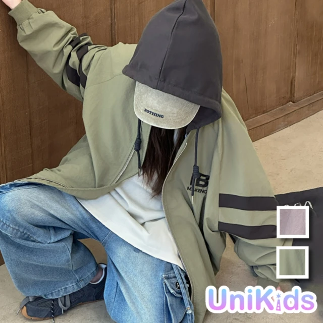 UniKids 中大童裝長袖外套 連帽個性棒球服夾克 女大童裝 CVSY-2436(粉紅 軍綠)