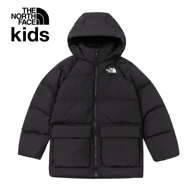 【The North Face 官方旗艦】北面兒童黑色DWR防潑水保暖連帽羽絨外套｜88UWJK3(600蓬鬆度)