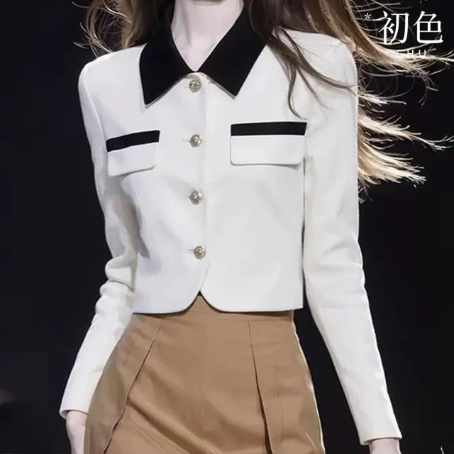 【初色】韓版小香風撞色拼接單排釦娃娃領長袖短款西裝外套女外套-白色-37757(M-2XL可選)