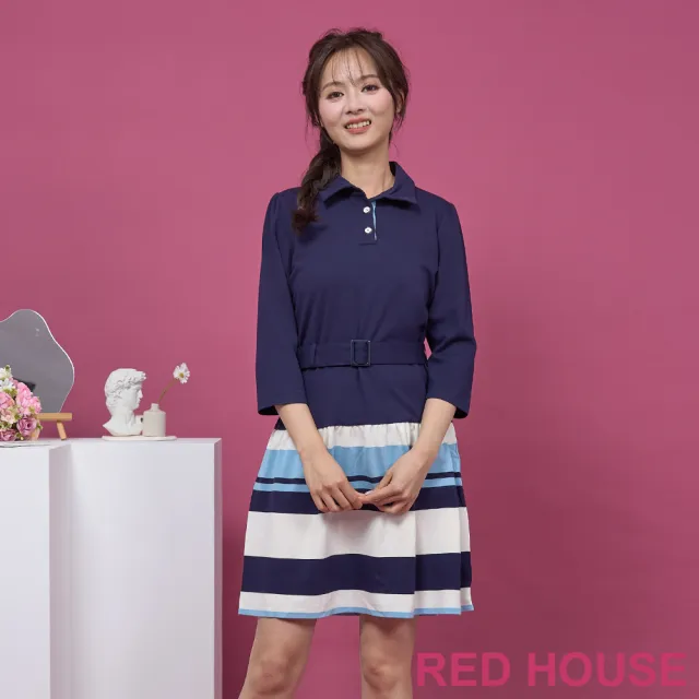 【RED HOUSE 蕾赫斯】POLO衫領配色拼接洋裝(深藍色)