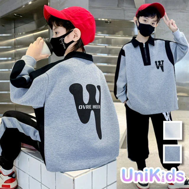 UniKids 中大童2件套裝字母長袖翻領T恤運動長褲 男大童裝 VPTZE6150(灰 白)