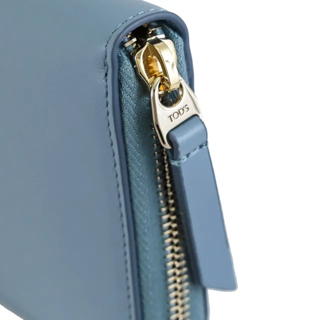 【TOD’S】TODS 簡約金龍LOGO滑面牛皮拉鍊零錢發財長夾(淺藍)