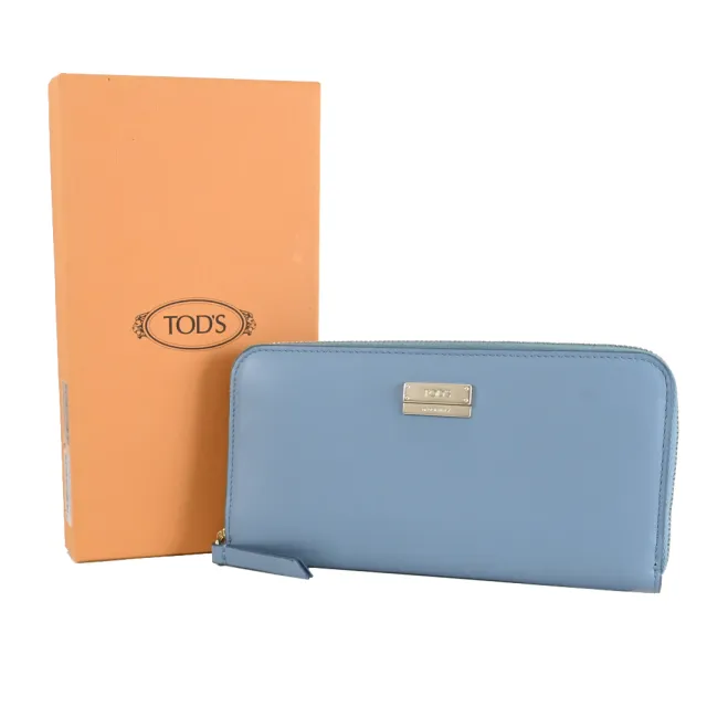 【TOD’S】TODS 簡約金龍LOGO滑面牛皮拉鍊零錢發財長夾(淺藍)