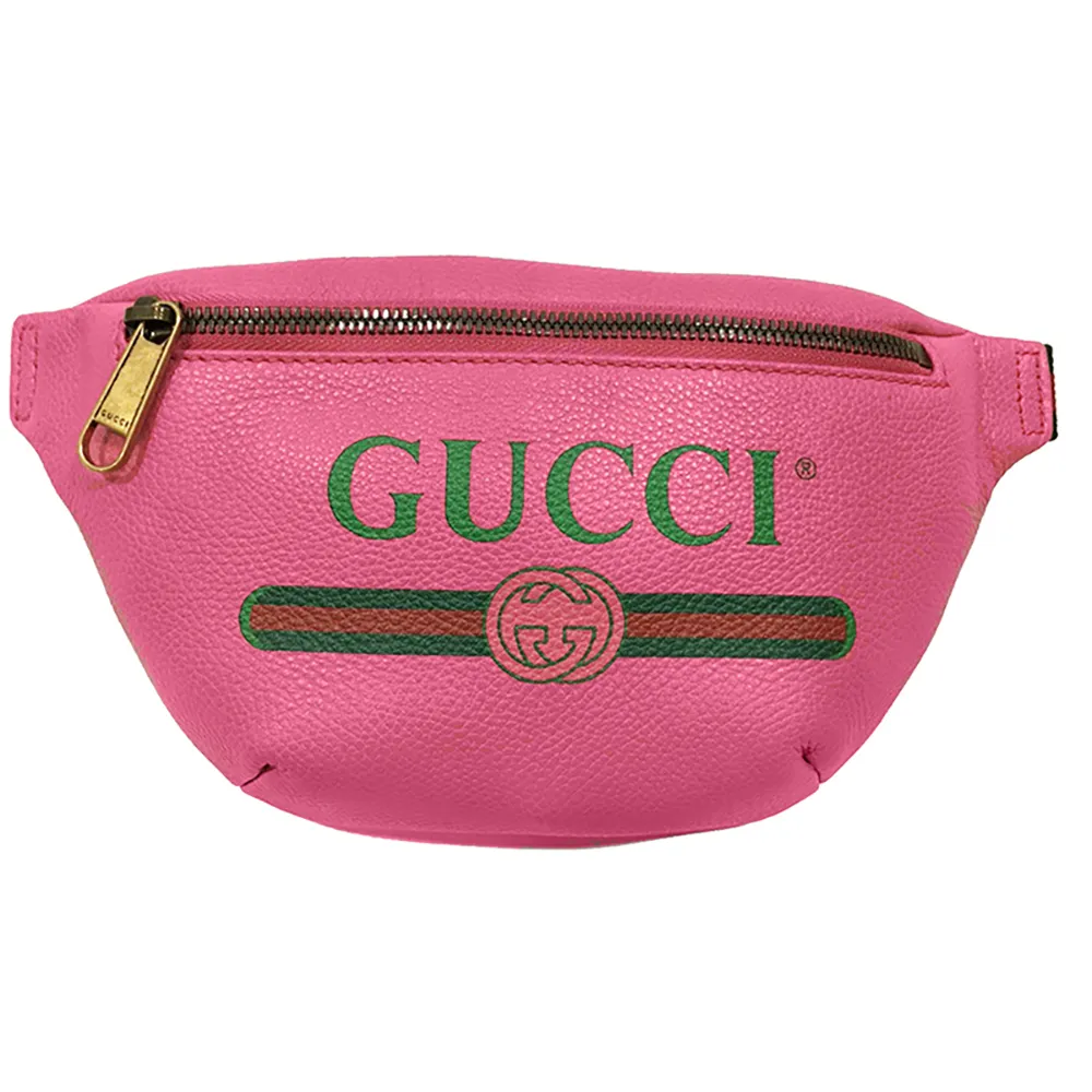 【GUCCI 古馳】527792 經典Gucci Print復古圖案牛皮綠紅綠織帶胸腰包/斜背包(桃粉色)