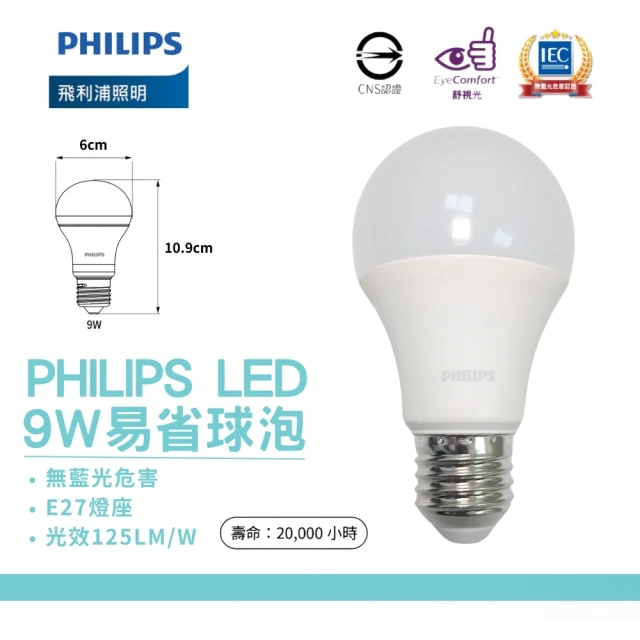 Philips 飛利浦 3入組 LED 9W 易省燈泡 球泡燈 全電壓 E27(白光/自然光/黃光)