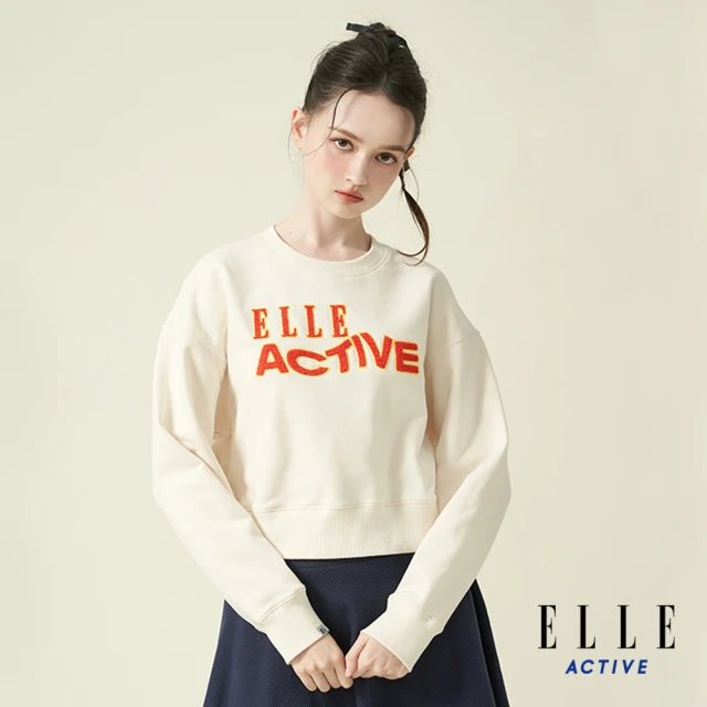 ELLE ACTIVE 女款 圓領短版上衣長袖上衣-米白色(EA24A2W1401#91)