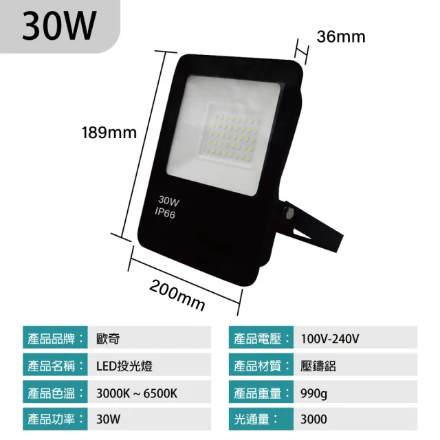 【青禾坊】歐奇OC 30W LED 戶外防水投光燈 投射燈-2入(超薄 IP66投射燈 CNS認證)
