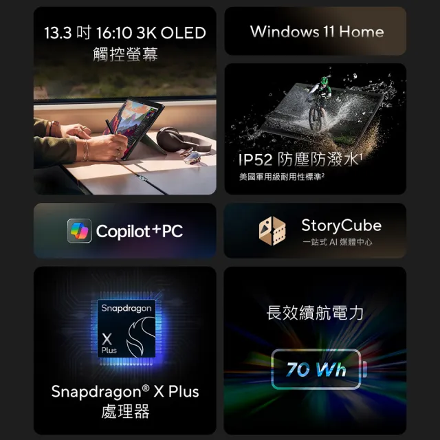 【ASUS】Office 2021組★13.3吋Copilot+PC觸控AI筆電(ProArt PZ13 HT5306QA/Snapdragon X Plus/16G/1TB/W11