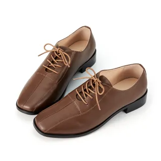 【HERLS】牛津鞋-全真皮車線造型方頭牛津鞋(深棕色)