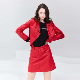 【HONOR 山形屋】鈕釦拉鍊口袋皮裙-黑/紅(MOMO獨家限定)