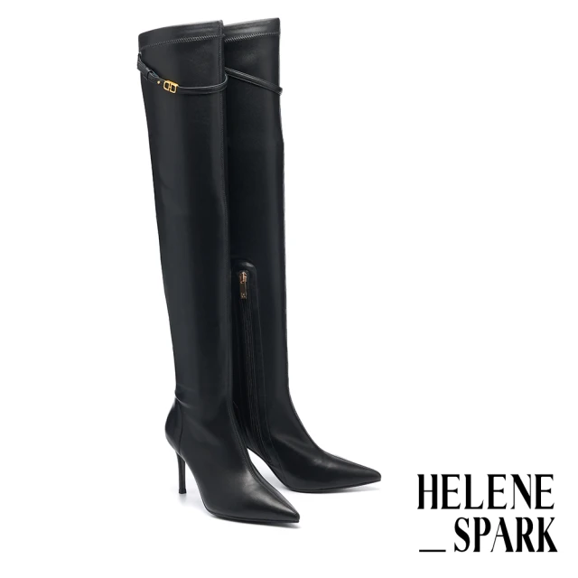 HELENE_SPARKHELENE_SPARK 時尚美學H釦繫帶彈力美型尖頭過膝長靴(黑)