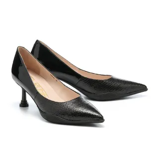 【MELROSE】美樂斯 率性蛇紋皮革拼接尖頭高跟鞋(黑)