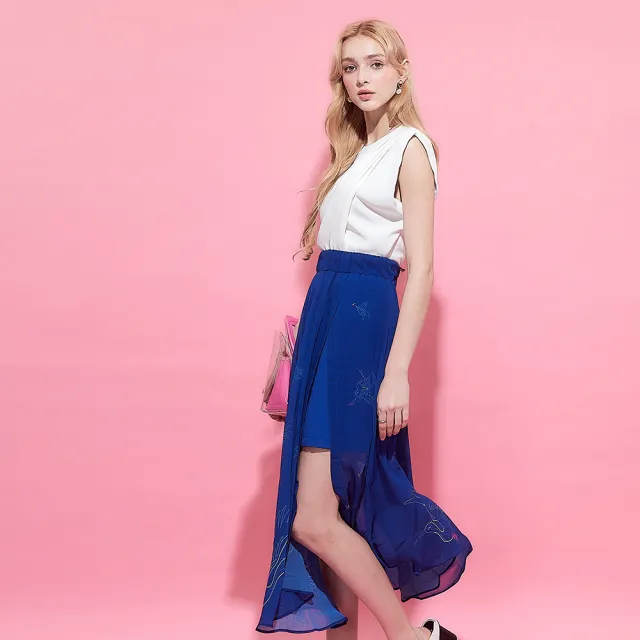 【ICHE 衣哲】法式皇室藍紡紗印花開衩層次拼接長裙