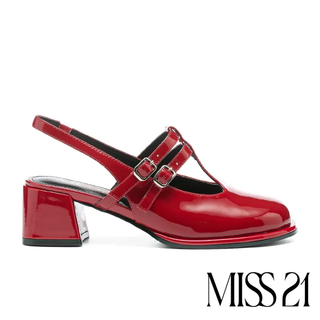 【MISS 21】微甜微酷少女T字簍空雙繫帶牛漆皮瑪莉珍高跟鞋(紅)