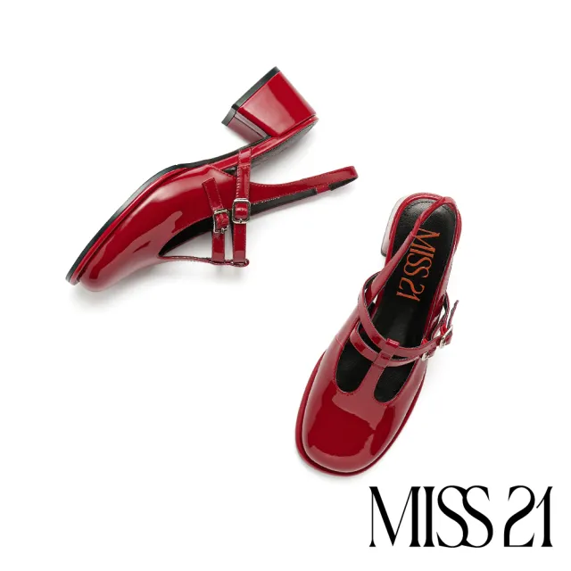 【MISS 21】微甜微酷少女T字簍空雙繫帶牛漆皮瑪莉珍高跟鞋(紅)