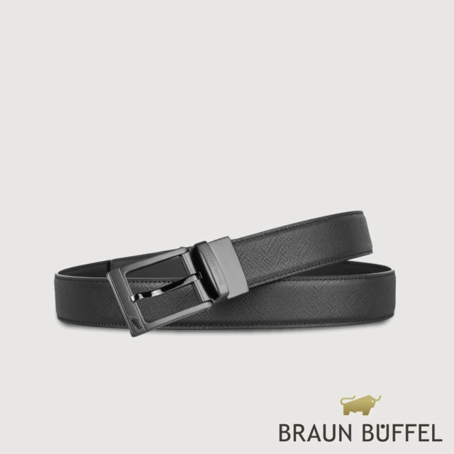 BRAUN BUFFEL 德國小金牛 台灣總代理 商務型男 Logo鐫刻釦頭穿針式皮帶-鎗色(BF24B-WEG049-SGU)