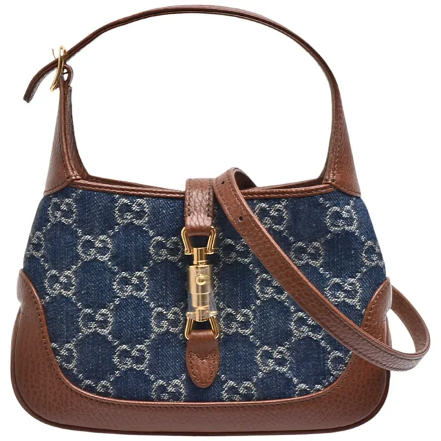 【GUCCI 古馳】經典Jackie 1961 GG牛仔牛皮飾邊手提/斜背包(藍/咖啡色637092-2KQGG-8375)（其他規格）