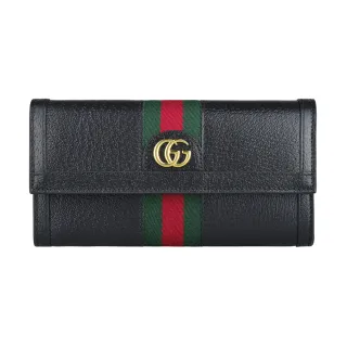 【GUCCI 古馳】GUCCI Ophidia雙G LOGO釦式綠紅綠織帶牛皮12卡長夾(黑)