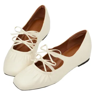 【Grace Gift】復古蝴蝶結內增高芭蕾舞瑪莉珍鞋(米白)