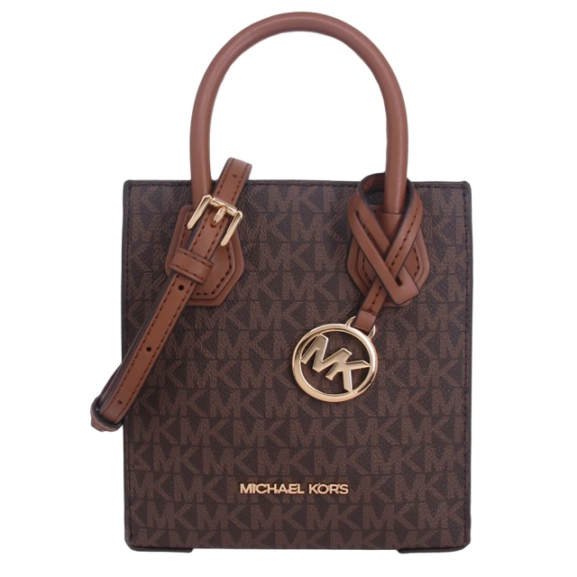 Michael Kors MERCER系列 小款 金字LOGO PVC皮革 手提/斜背 兩用斜背包/琴譜包(咖)