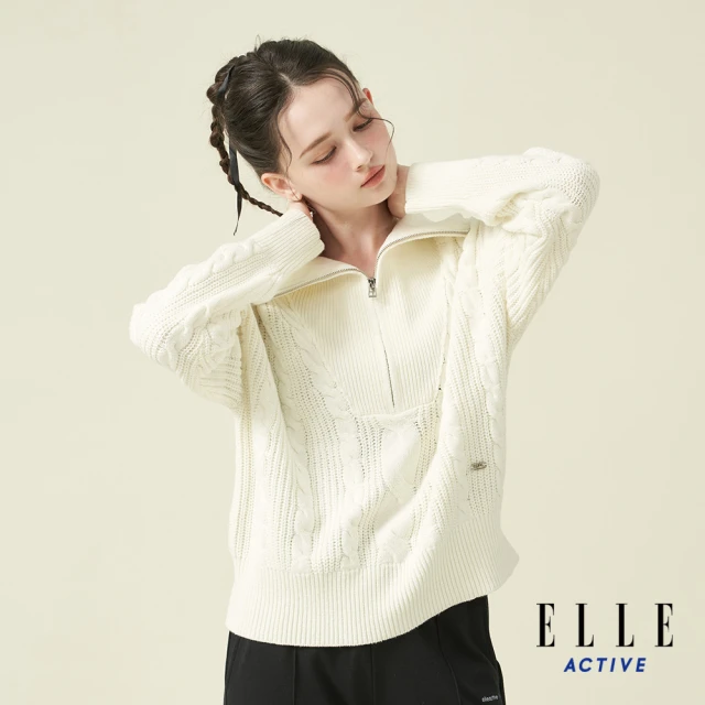 ELLE ACTIVE 女款 針織翻領長袖上衣-白色(EA24A2W5402#90)