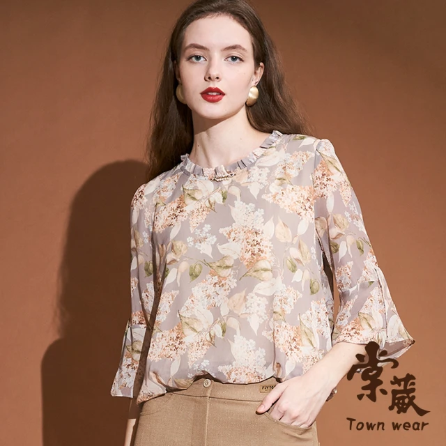 TOWN’WEAR 棠葳 優雅花卉荷葉袖雪紡上衣(中大尺碼/女上衣/女上著/長袖/透膚/鑽飾/印花/滿版/短版)