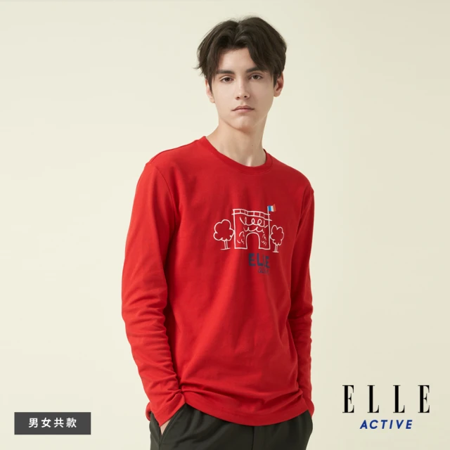 ELLE ACTIVE 男女共款 印花塗鴉百搭長袖T恤-紅色(EA24A2F1702#75)